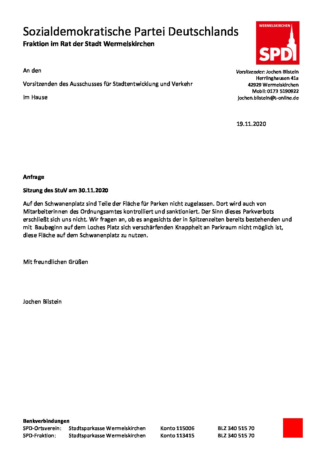 Anfrage Parkraum Schwanenplatz 19.11.20