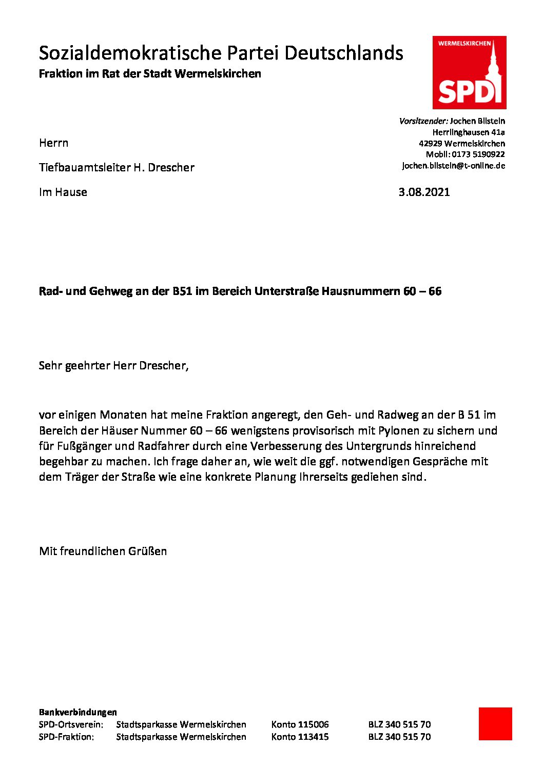 Anfrage Drescher Geh- Radweg Unterstraße